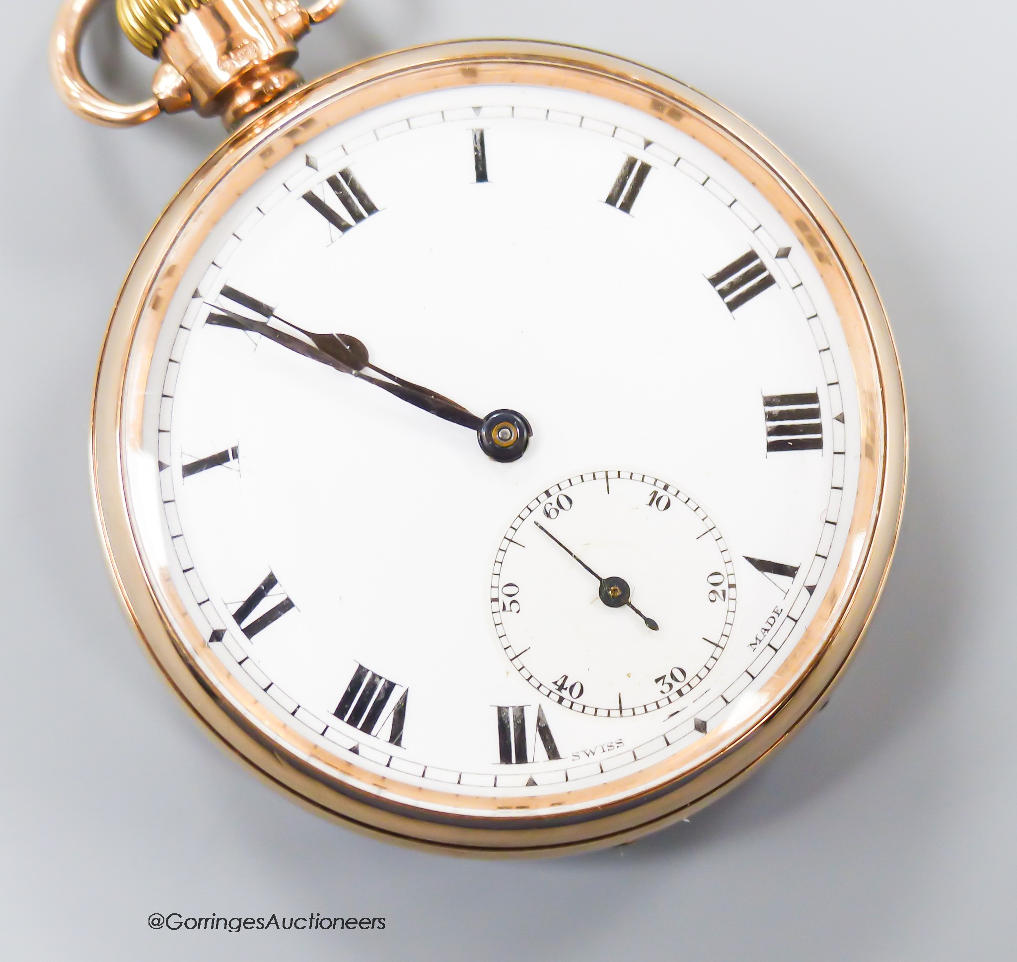 A George V 9ct gold open faced keyless lever pocket watch, case diameter 48mm